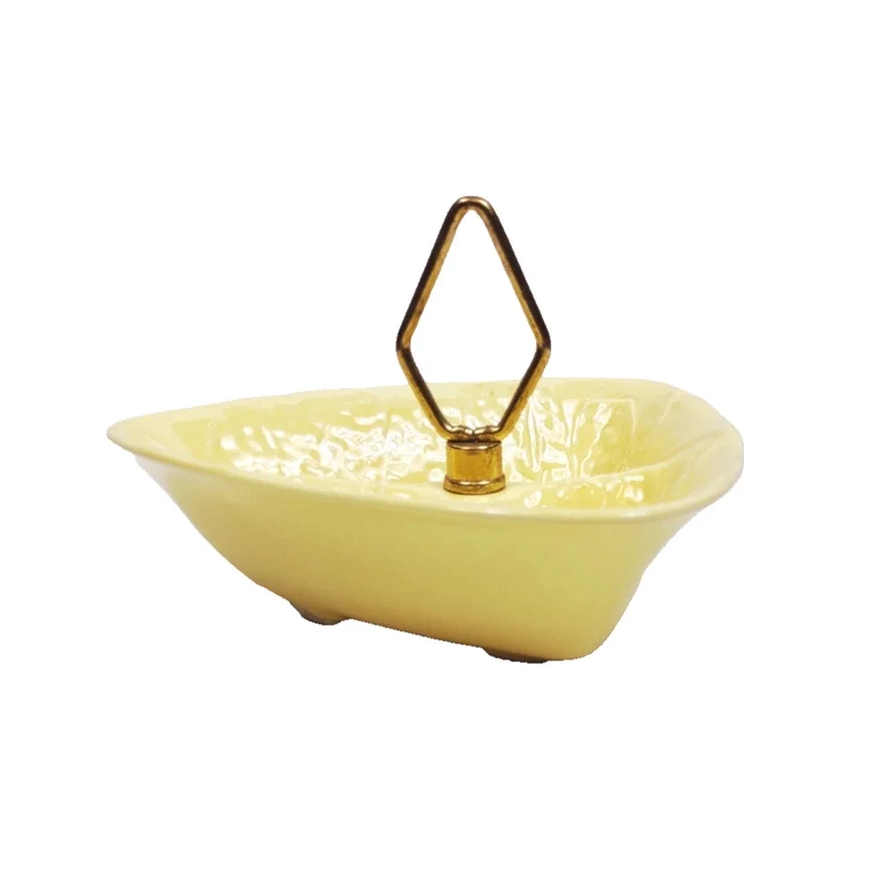 MCM California Pottery Yellow Divided Relish Nut Dish Candy Bowl w Metal Handle
